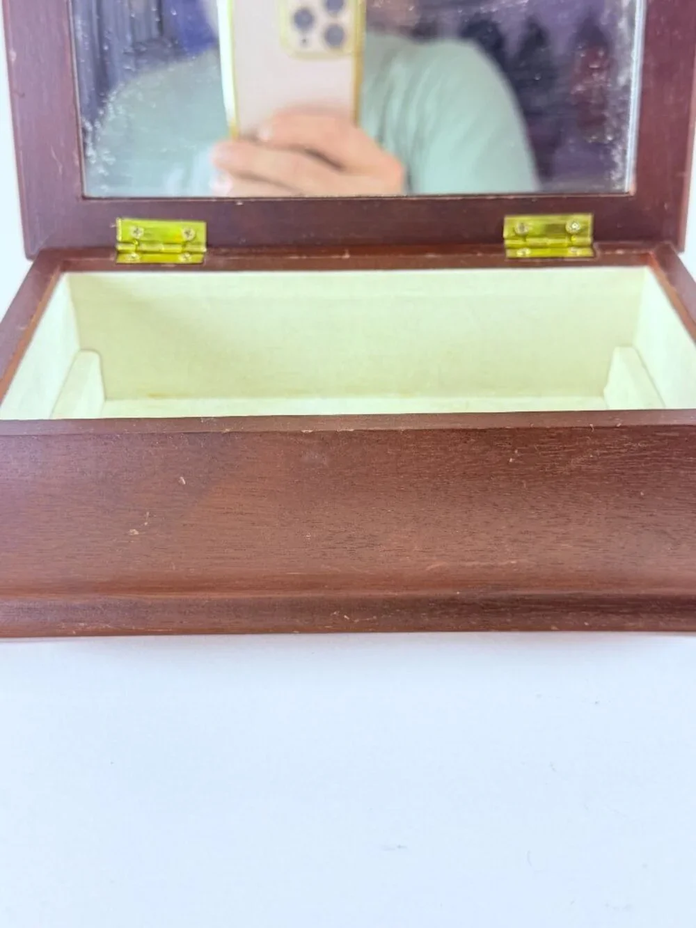 Vintage Wooden Jewelry Box W/Floral Needlepoint Lid Mirror Interior Tray Missing